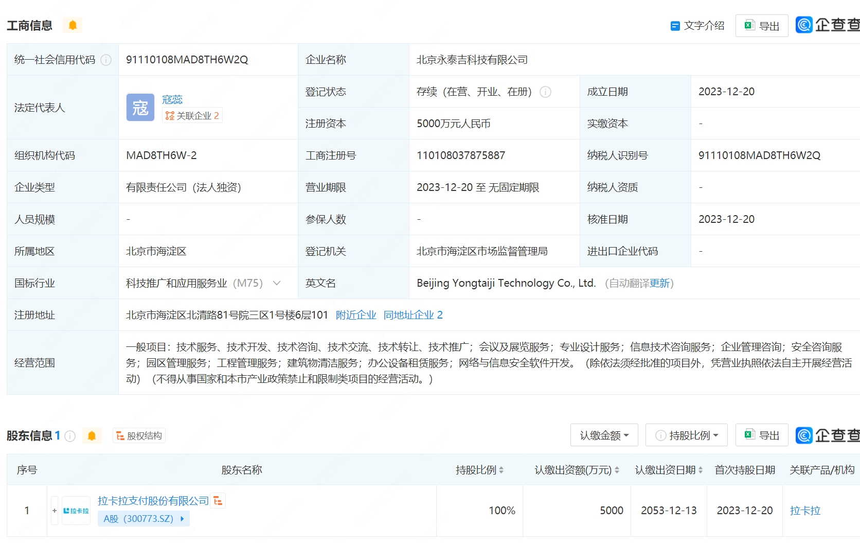 拉卡拉5000万元成立科技新公司，布局工程管理服务领域